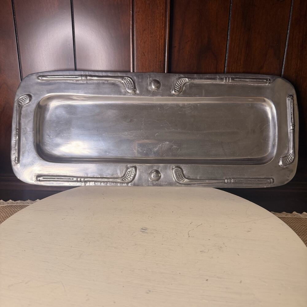 Pewter Golf Tray Or Serving Platter With Clubs And Golfballs Made In India 18.5”